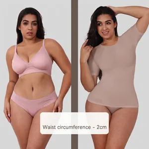 Women's seamless shapewear set with lotus pink lingerie and beige slimming t-shirt