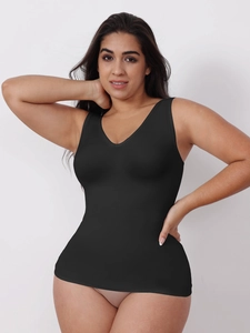 Detail of the high-elastic V-neck shaping vest showing the slim fit and smooth black fabric