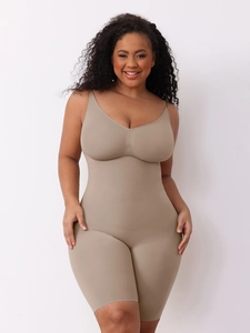 Detailed view of high-elastic seamless shapewear bodysuit with adjustable spaghetti straps