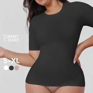 Women's Seamless Tummy Control T-Shirt Slim Fit Body Sculpting Short Sleeve Round Neck High Stretch Shaping Top