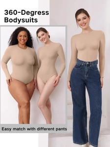 Slim fit long sleeve bodysuit in khaki elastic fabric shown on regular and plus-size models