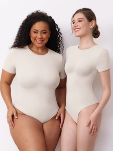 Short sleeve beige bodysuit for women with high elasticity shown on diverse body types
