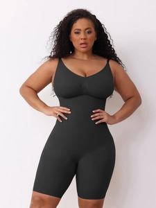 Front view of black seamless shapewear bodysuit with V-neck and slimming panels