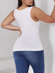 Detailed back view of a white high-stretch tummy control vest for women with V-neckline