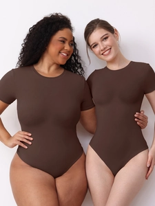 Short sleeve bodysuit in chocolate brown shown on standard and plus size models