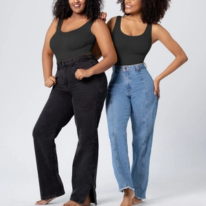 Detail of a black slimming bodysuit with a deep U-neckline and elastic fit on models