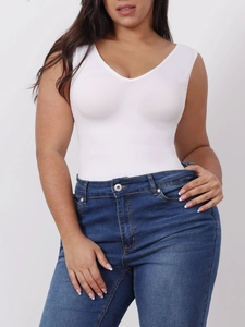 Close-up of white high-elastic V-neck slimming tank top with premium knitted texture