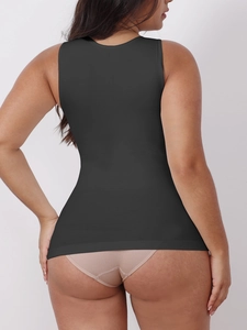Back view of black seamless compression vest with elastic racerback design for body shaping
