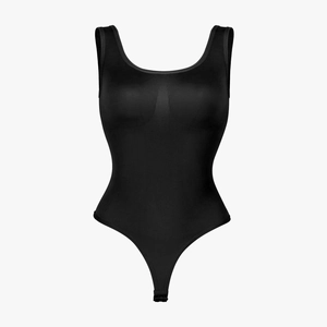 Detail of black seamless bodysuit featuring wide straps and open crotch closure