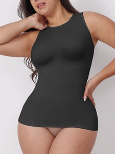 Detail showing high-neck sleeveless black shapewear tank top with seamless slimming fabric