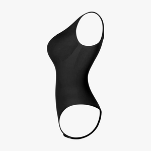 Detail view of black compression bodysuit with ribbing for waist control and tummy shaping