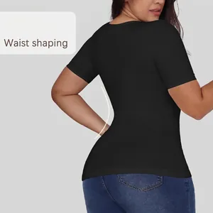 Slimming black short sleeve waist trainer shirt for women showing back curve