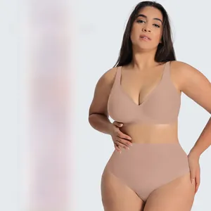 Detail showing high-waisted shaping panty and seamless nude bra set for full support