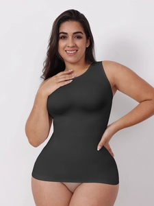 Slimming seamless black compression vest with high neck and elastic tummy control fabric