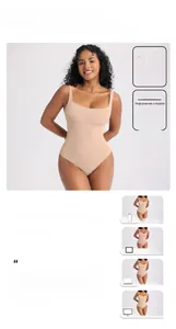 Dettaglio del body beige con scollo quadrato e informazioni sulle taglie della modella