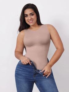 Close-up of a seamless slimming vest in beige, showing high-elasticity fabric texture