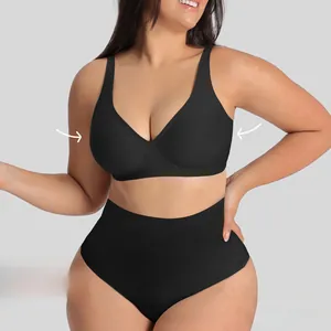 Detail view of seamless black V-neck bra and high-waist panties set with slimming effect