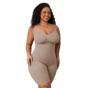 Seamless V-neck shapewear bodysuit for women with slimming control and mid-thigh length