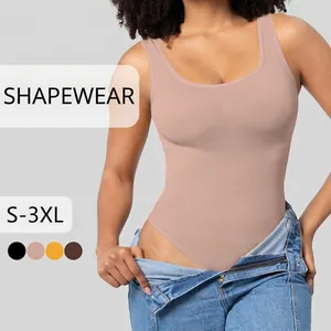 Women Seamless Shapewear Bodysuit Tummy Control Hip Lift Sleeveless Round Neck Thong Slimming Underwear Body Shaper Top