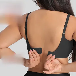 Detailed back view of a black seamless plus size bra with U-shaped back design and wide straps