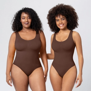 Chocolate brown seamless bodysuit with wide neck for plus size body shaping effect