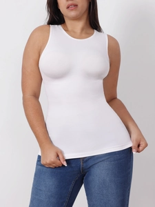 Detailed view of white seamless slimming tank top showing high elasticity and shaping effect