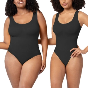 Black seamless bodysuit with ribbed texture showing fit on slim and plus size models