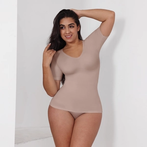Flesh-toned seamless slimming shapewear with deep V-neck and short sleeves for women