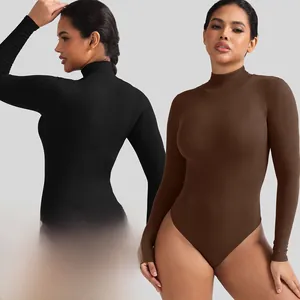 Front and back view of long sleeve ribbed knit bodysuit with mock neck detail