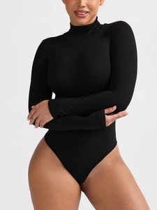 Close-up of the ribbed texture and high neck design of this black long sleeve bodysuit