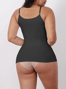 Detail view of women's black compression body shaper vest with slim fit elastic straps