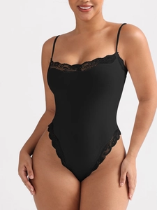 Close-up of black lace bodysuit featuring delicate floral trim and thin shoulder straps