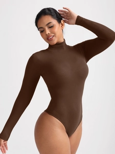 Detail of dark brown ribbed bodysuit fabric texture with high turtleneck design