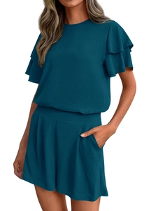 Detailed view of flutter sleeves and side pockets on navy blue casual summer set