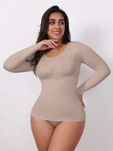 Close-up of nude long-sleeved shapewear bodysuit with seamless high-elastic fabric