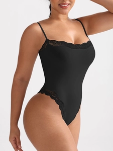 Sexy black lace bodysuit with spaghetti straps and slim fit design for women