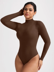Detailed close-up of dark brown ribbed long sleeve bodysuit with high neck texture