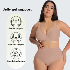 Seamless nude lingerie set with jelly gel support V-neck bra and high waist panty for women