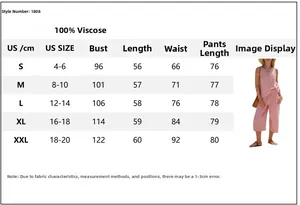 Size guide table for women's red striped sleeveless top and pants set showing measurements
