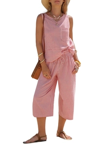 Detail of red and white striped sleeveless top and wide-leg cropped trousers set