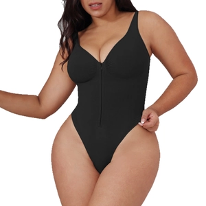 Seamless black shapewear bodysuit with front zipper and wide straps for tummy control