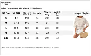 Size chart for women's striped crewneck tee with viscose and polyester blend details