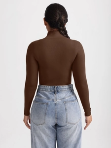 Close-up back view of a dark brown ribbed turtleneck bodysuit with long sleeves