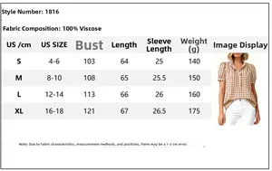 Size chart showing measurements for the women's casual short sleeve plaid button shirt
