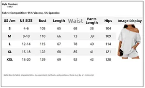 Detailed size chart for women's two-piece casual set with viscose and spandex fabric data