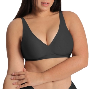 Seamless plus size black wireless bralette with deep V-neck for full figure comfort