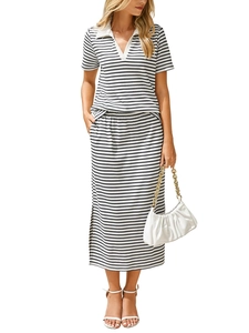 Detail of summer striped two-piece set featuring a polo collar top and side slit maxi skirt