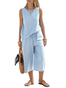 Detail of blue and white striped cotton two-piece set featuring a sleeveless top and cropped pants