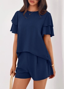 Detailed texture of navy blue chiffon two-piece set with double layer ruffle sleeves