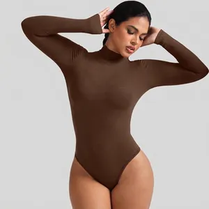 Women High Neck Thermal Bodysuit Ribbed Long Sleeve Slim Fit Shaping Romper Top For Winter Casual Daily Wear